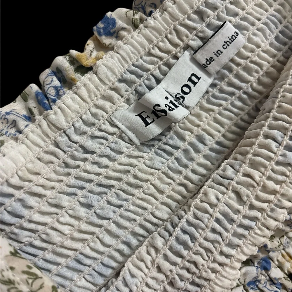 Anthropologie En Saison floral smocked puff balloon sleeve blouse cottage blue L